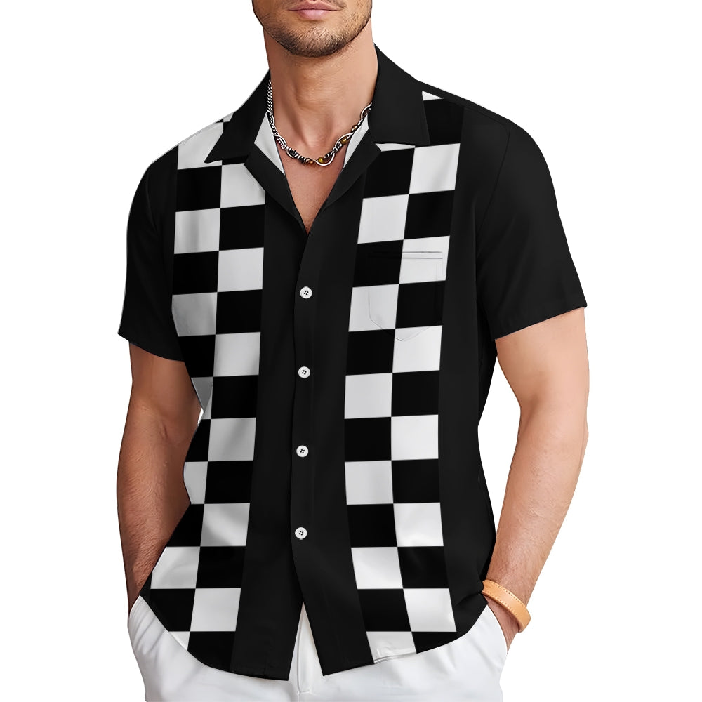 Geometric Black And White Checkered Bowling Shirt 2411009775