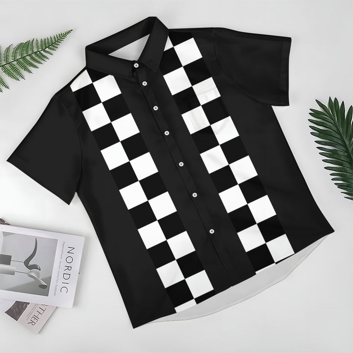 Geometric Black And White Checkered Bowling Shirt 2411009775