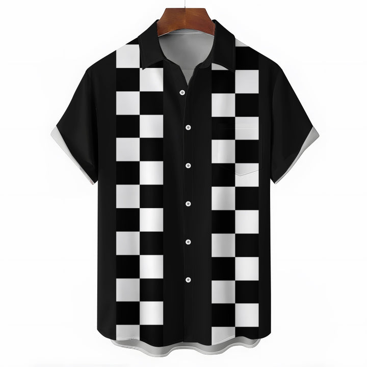 Geometric Black And White Checkered Bowling Shirt 2411009775