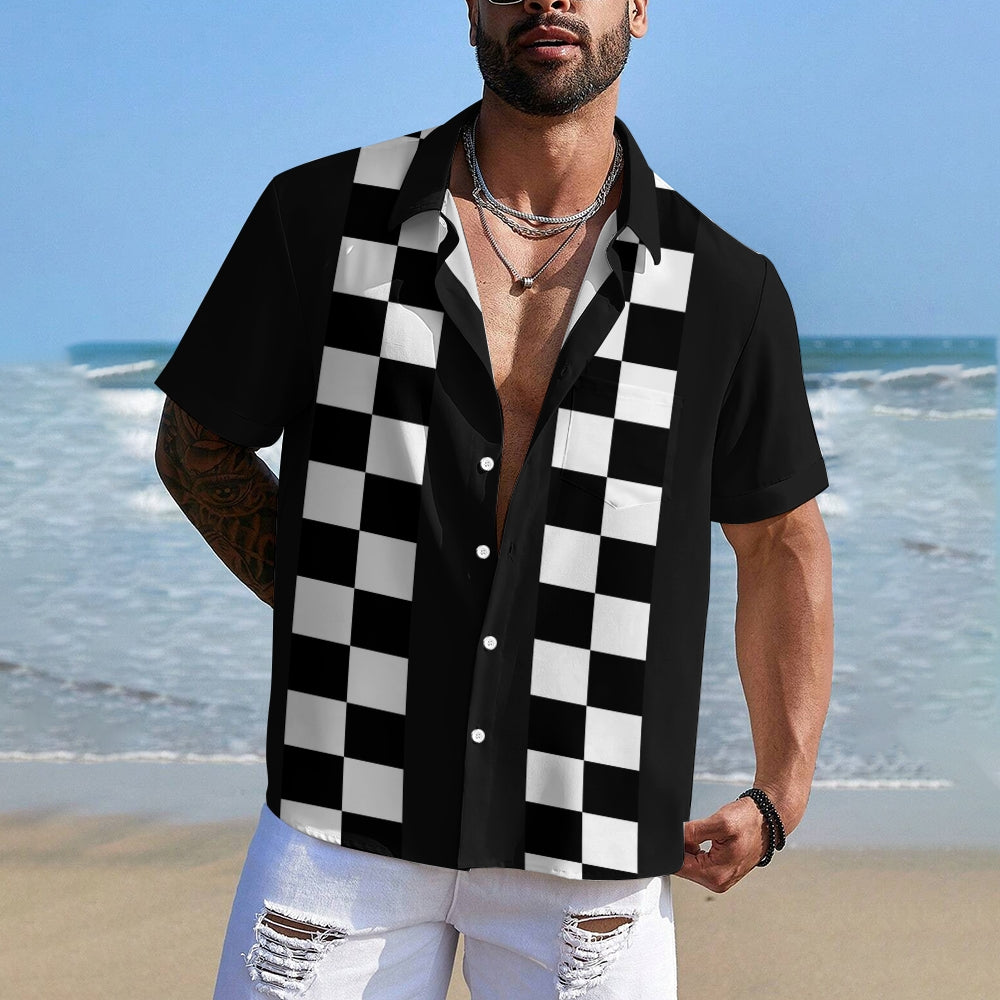 Geometric Black And White Checkered Bowling Shirt 2411009775