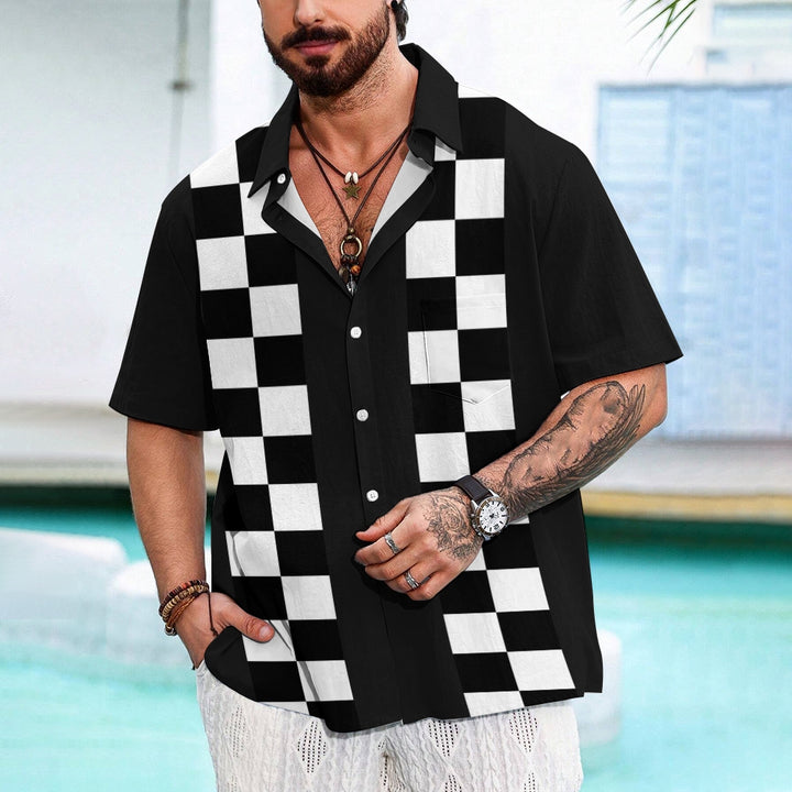 Geometric Black And White Checkered Bowling Shirt 2411009775