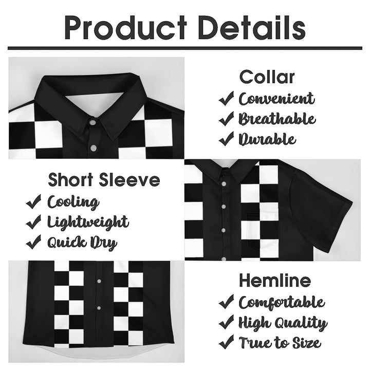 Geometric Black And White Checkered Bowling Shirt 2411009775