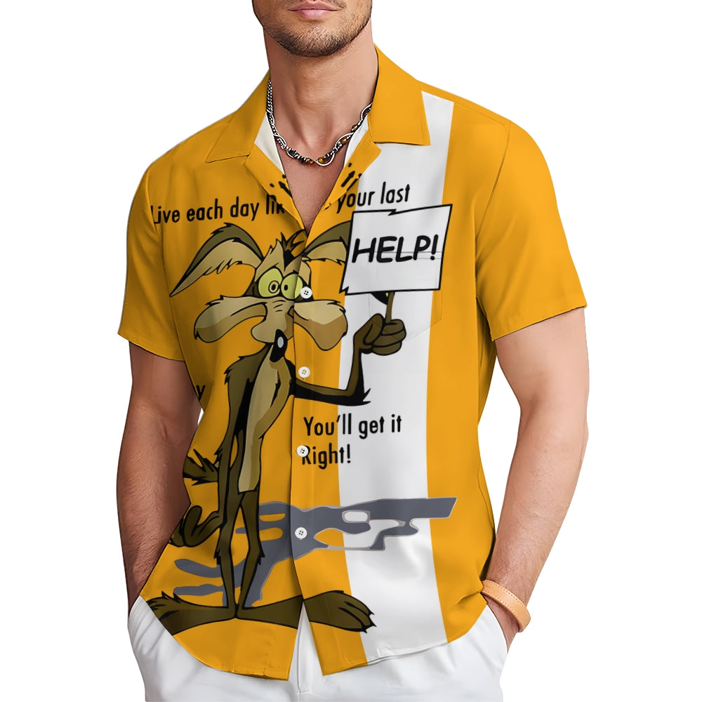 Retro Wolf Cartoon Print Short Sleeve Shirt 2411009785