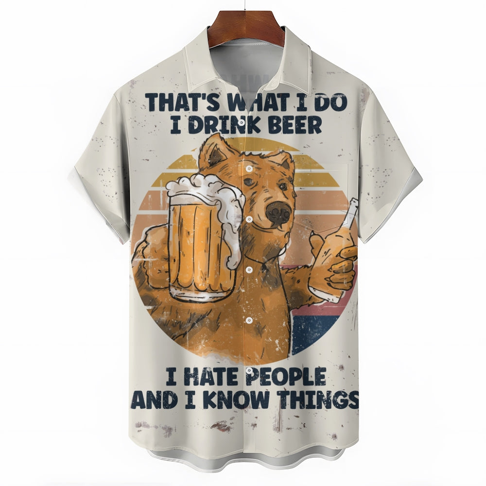 Funny Beer Bear Linen Short Sleeve Shirt 2409009596