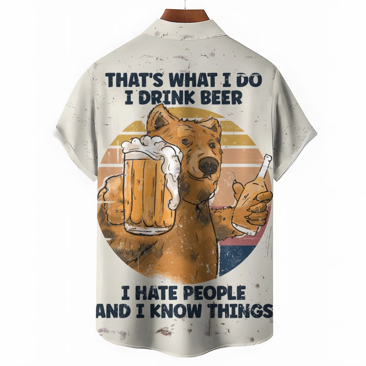 Funny Beer Bear Linen Short Sleeve Shirt 2409009596