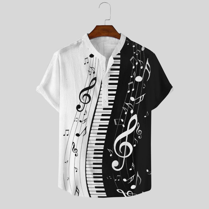 Men's Black And White Contrasting Music Symbols Print Cotton Blend Shirt 2411010305