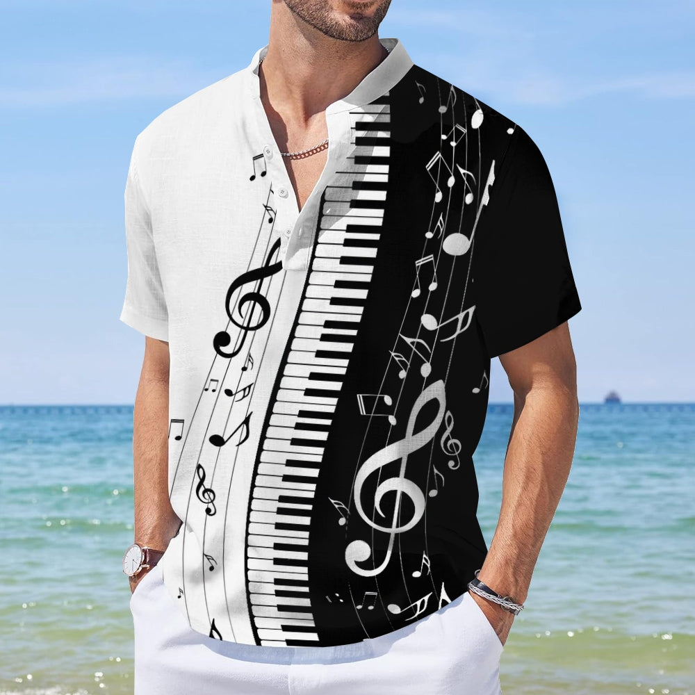 Men's Black And White Contrasting Music Symbols Print Cotton Blend Shirt 2411010305