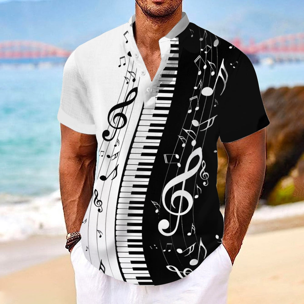 Men's Black And White Contrasting Music Symbols Print Cotton Blend Shirt 2411010305