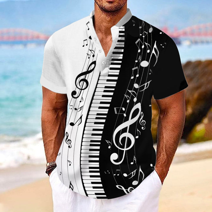 Men's Black And White Contrasting Music Symbols Print Cotton Blend Shirt 2411010305