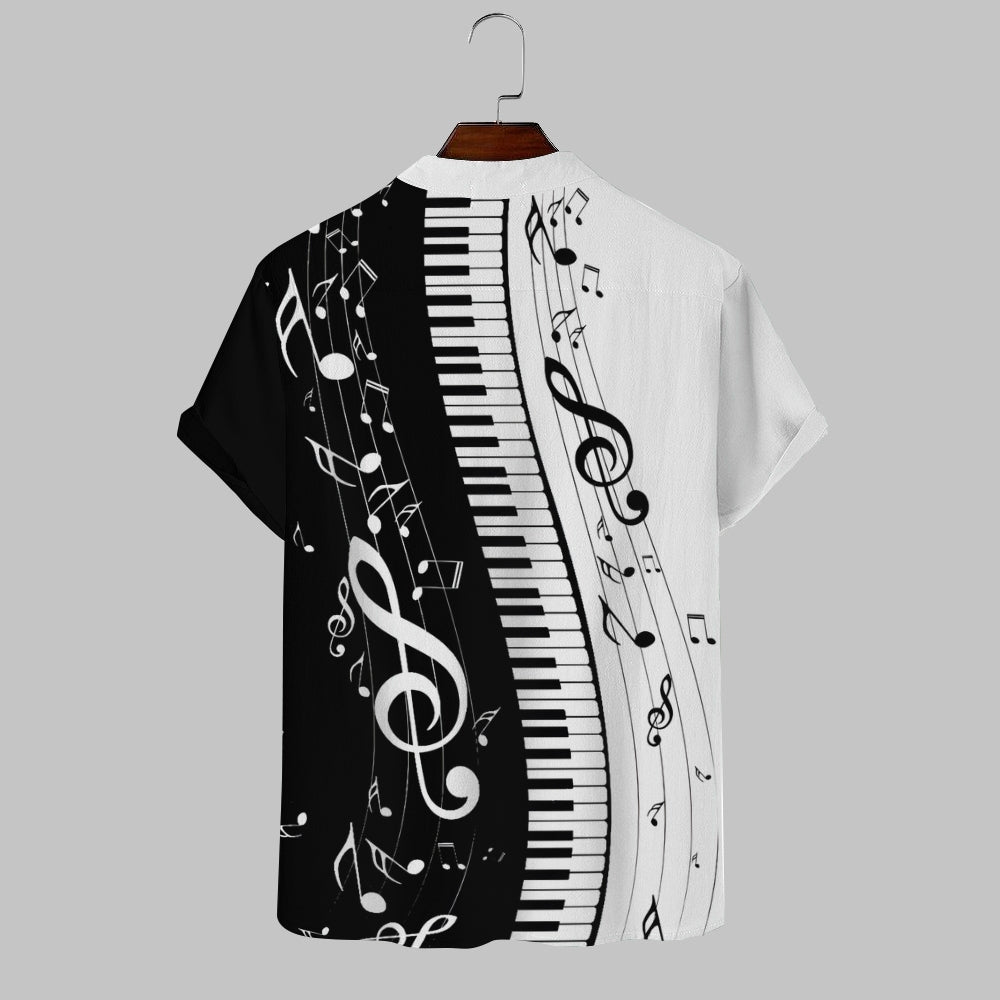 Men's Black And White Contrasting Music Symbols Print Cotton Blend Shirt 2411010305