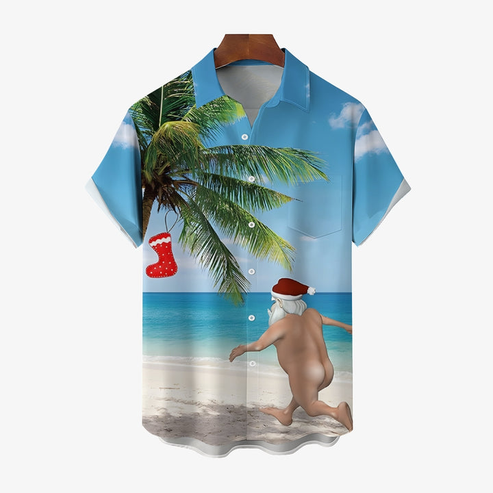 Funny Beach Naughty Santa Claus Printing Breast Pocket Short Sleeve Shirt 2411010340