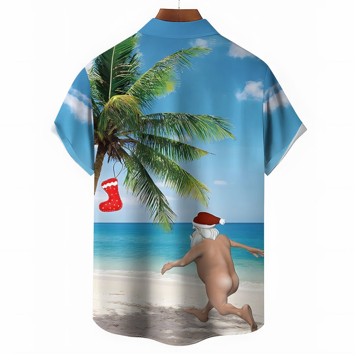 Funny Beach Naughty Santa Claus Printing Breast Pocket Short Sleeve Shirt 2411010340