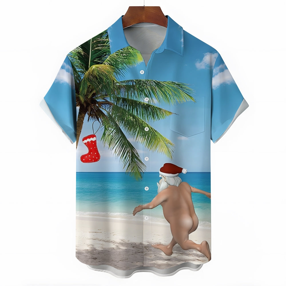 Funny Beach Naughty Santa Claus Printing Breast Pocket Short Sleeve Shirt 2411010340