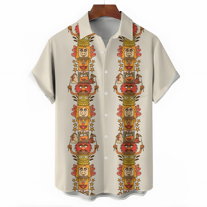 Cartoon Character Print Bamboo Linen Short Sleeve Shirt 2411010914