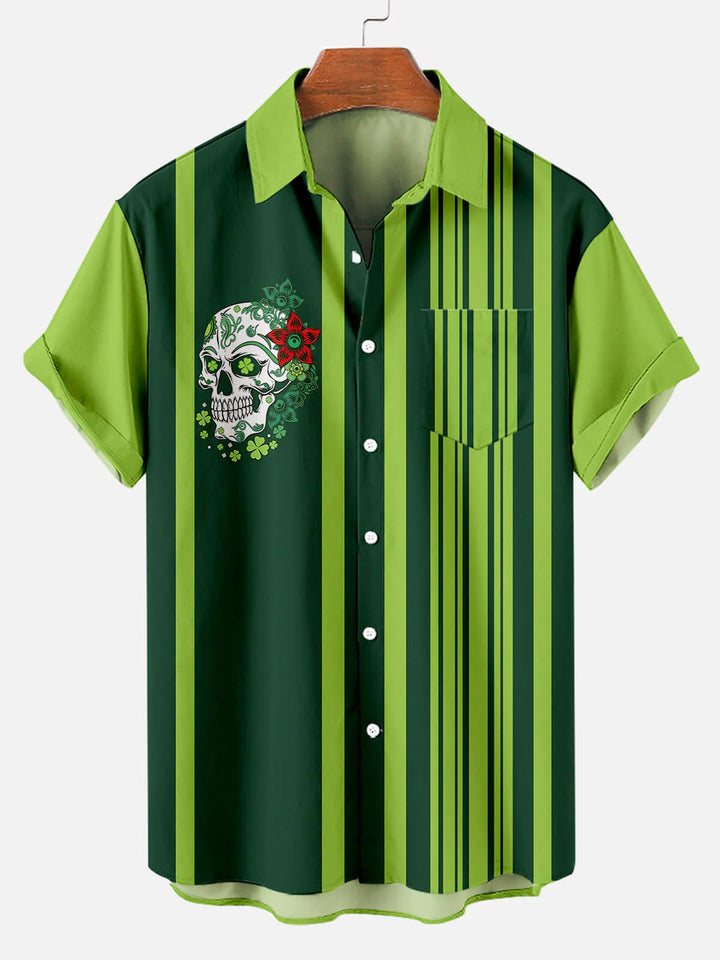 Men's St. Patrick's Day Skull Stripe Contrast Color Short Sleeve Shirt