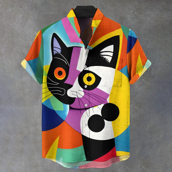 Abstract Hand Painted Color Block Cat Short Sleeve Shirt 2411012445