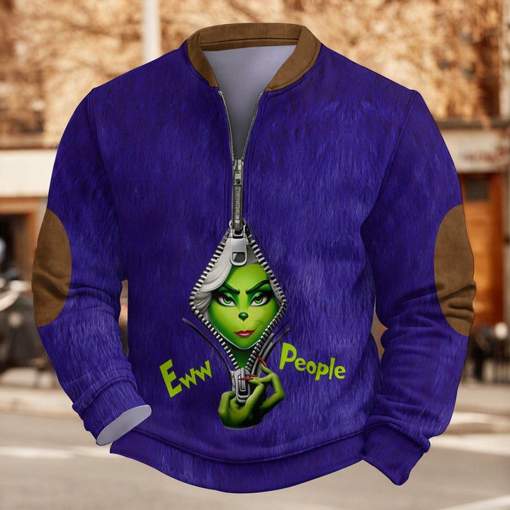 Men's Christmas Cartoon Green Monster Zipper Neck Casual Sweatshirt 2411013067