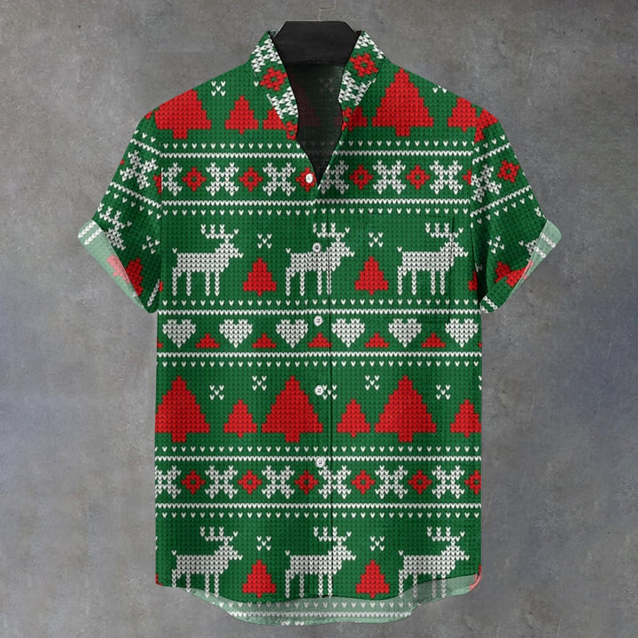 Christmas Mosaic Reindeer and Christmas Tree Short Sleeve Shirt 2411013493