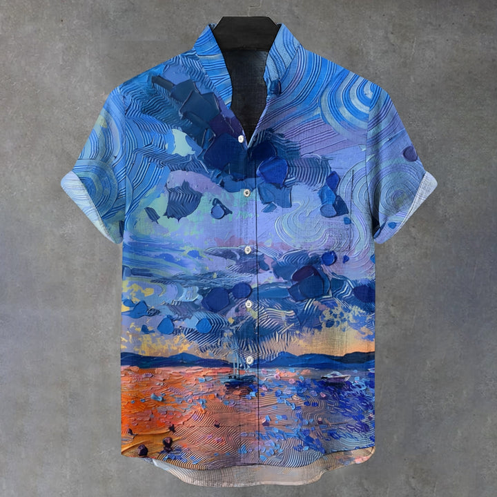 Men's Abstract Landscape Print Stand Collar Short Sleeve Shirt 2412000324