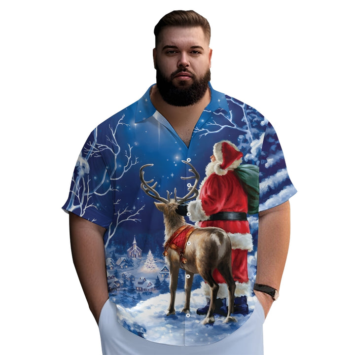 Retro Santa And Elk Under Starry Night Sky Printing Short Sleeve Shirt