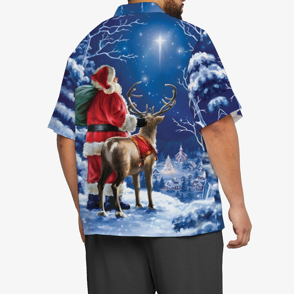 Retro Santa And Elk Under Starry Night Sky Printing Short Sleeve Shirt