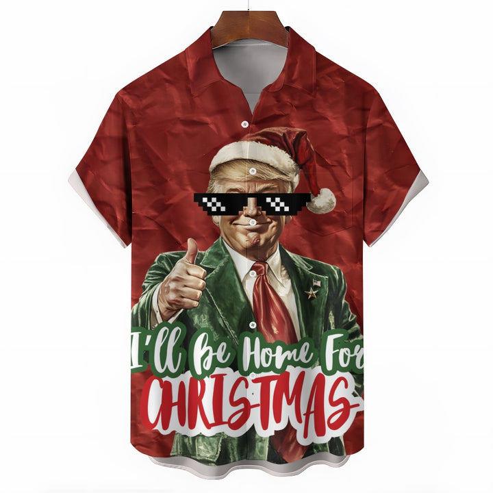 "I'll Be Home For Christmas" Trump Breast Pocket Hawaiian Shirt 2412000472