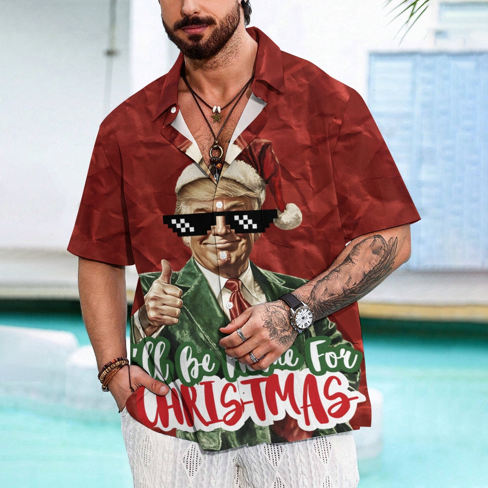 "I'll Be Home For Christmas" Trump Breast Pocket Hawaiian Shirt 2412000472