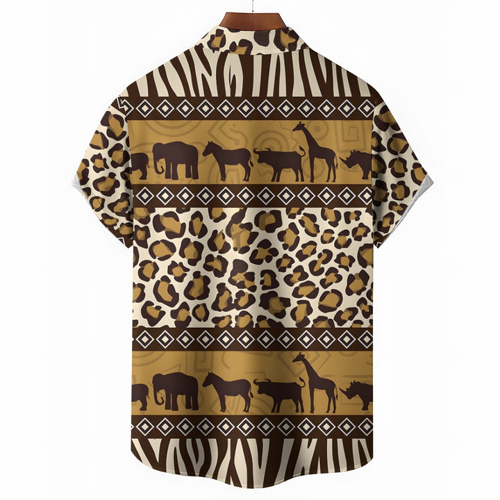 African Savannah Wildlife Print Casual Short Sleeve Shirt 2404001397