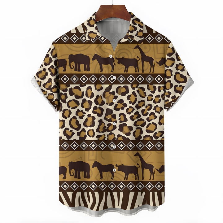 African Savannah Wildlife Print Casual Short Sleeve Shirt 2404001397