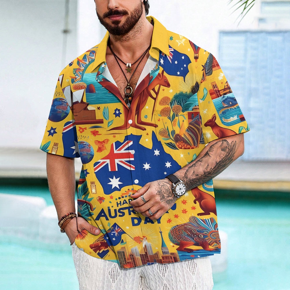 Australia Day Illustration Art Chest Pocket Hawaiian Shirt 2412001304