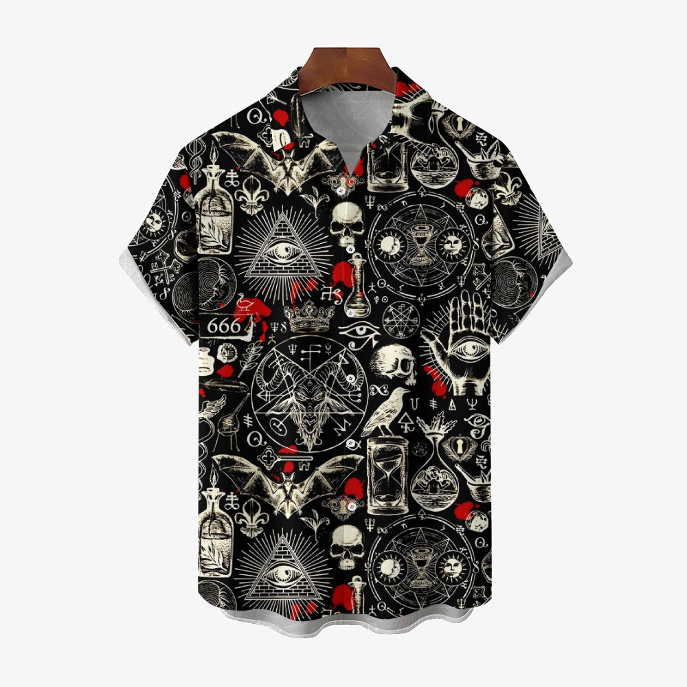 Men's Unique Skeleton Skull and Bat Pattern Short Sleeve Shirt 2412001432