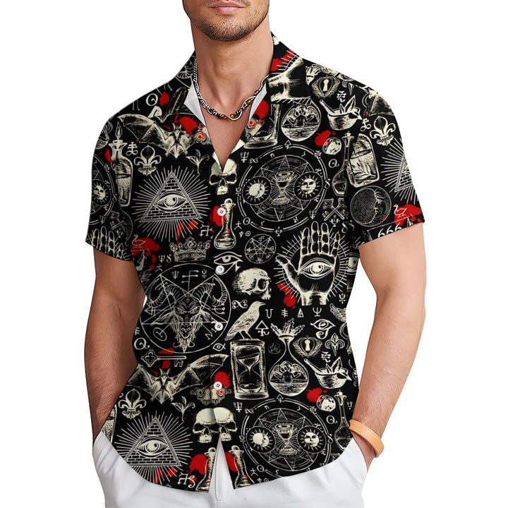 Men's Unique Skeleton Skull and Bat Pattern Short Sleeve Shirt 2412001432