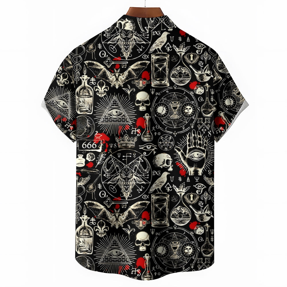 Men's Unique Skeleton Skull and Bat Pattern Short Sleeve Shirt 2412001432