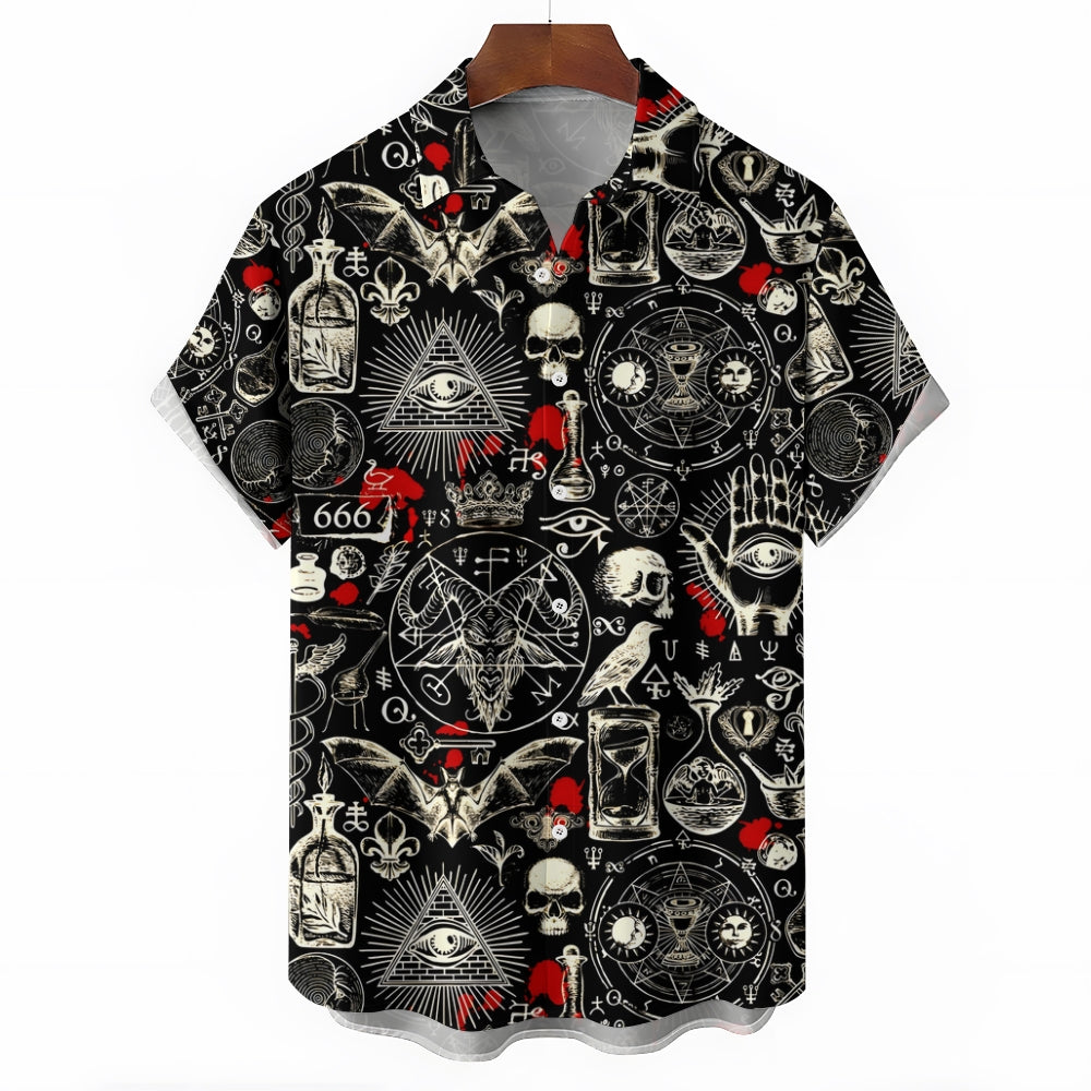 Men's Unique Skeleton Skull and Bat Pattern Short Sleeve Shirt 2412001432