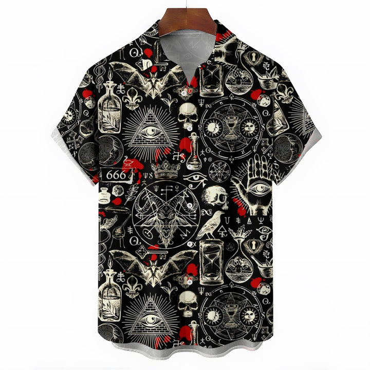 Men's Unique Skeleton Skull and Bat Pattern Short Sleeve Shirt 2412001432