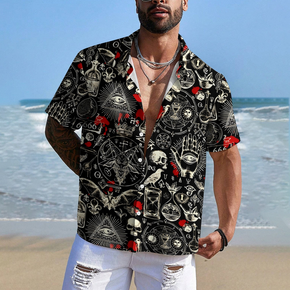 Men's Unique Skeleton Skull and Bat Pattern Short Sleeve Shirt 2412001432