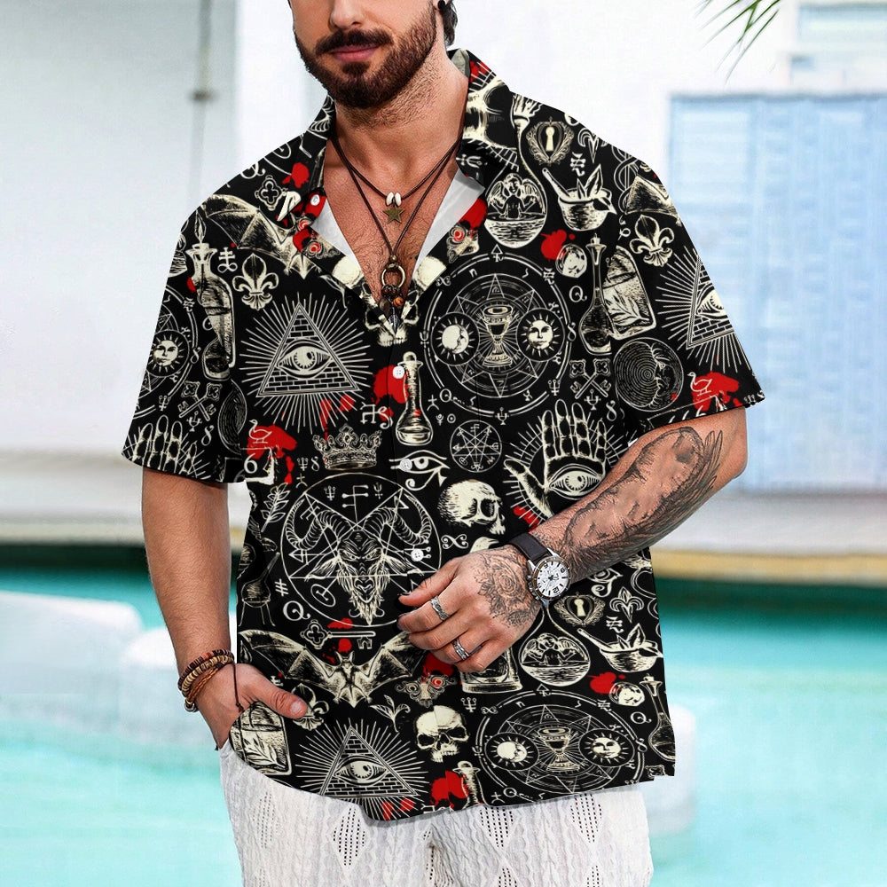 Men's Unique Skeleton Skull and Bat Pattern Short Sleeve Shirt 2412001432