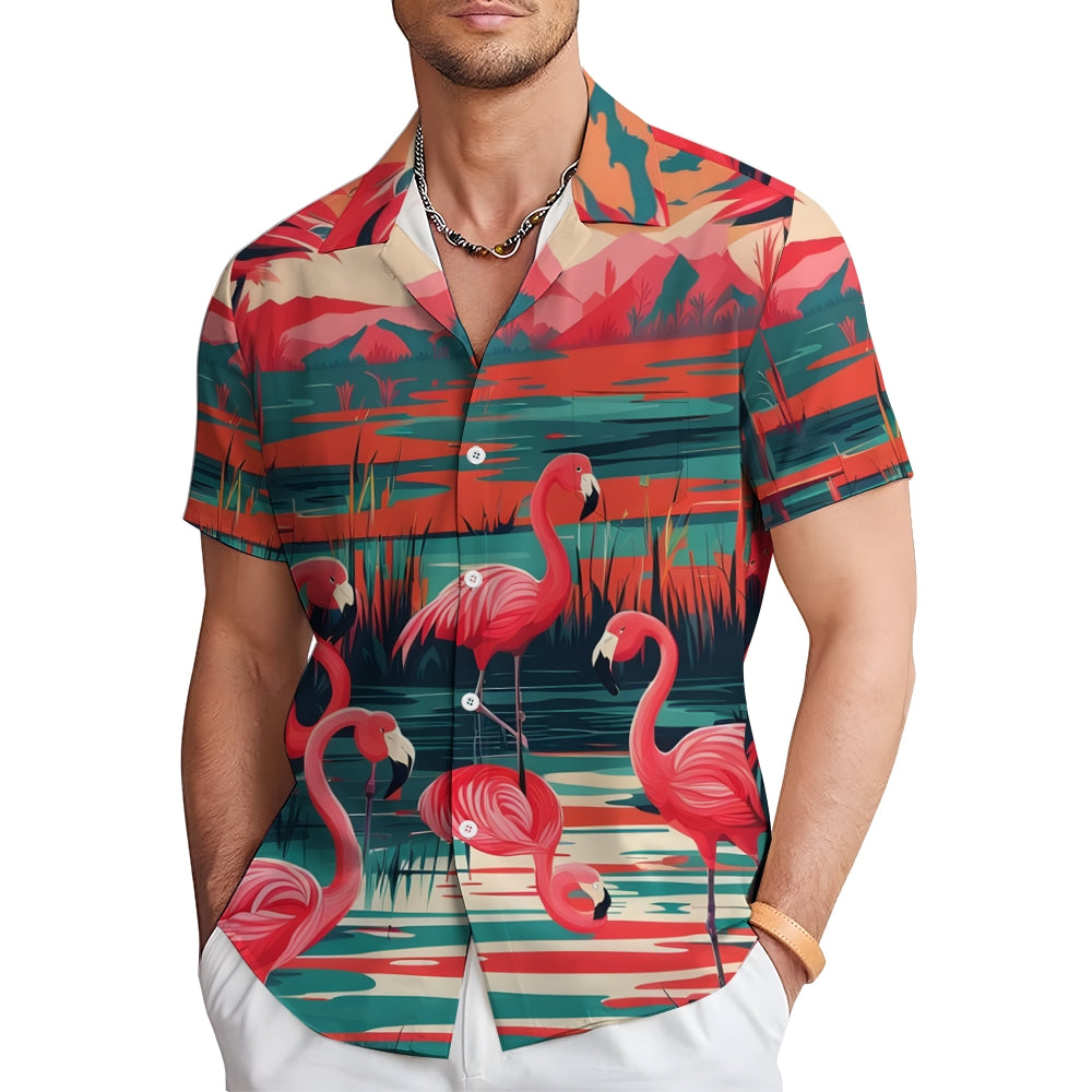 Men's Hawaiian Flamingo Casual Short Sleeve Shirt 2402000196