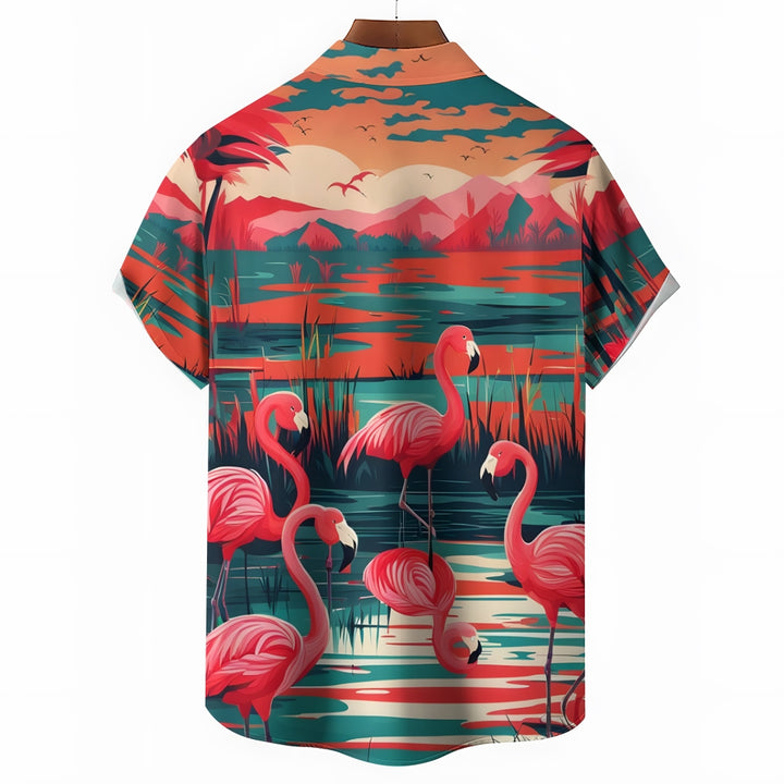 Men's Hawaiian Flamingo Casual Short Sleeve Shirt 2402000196