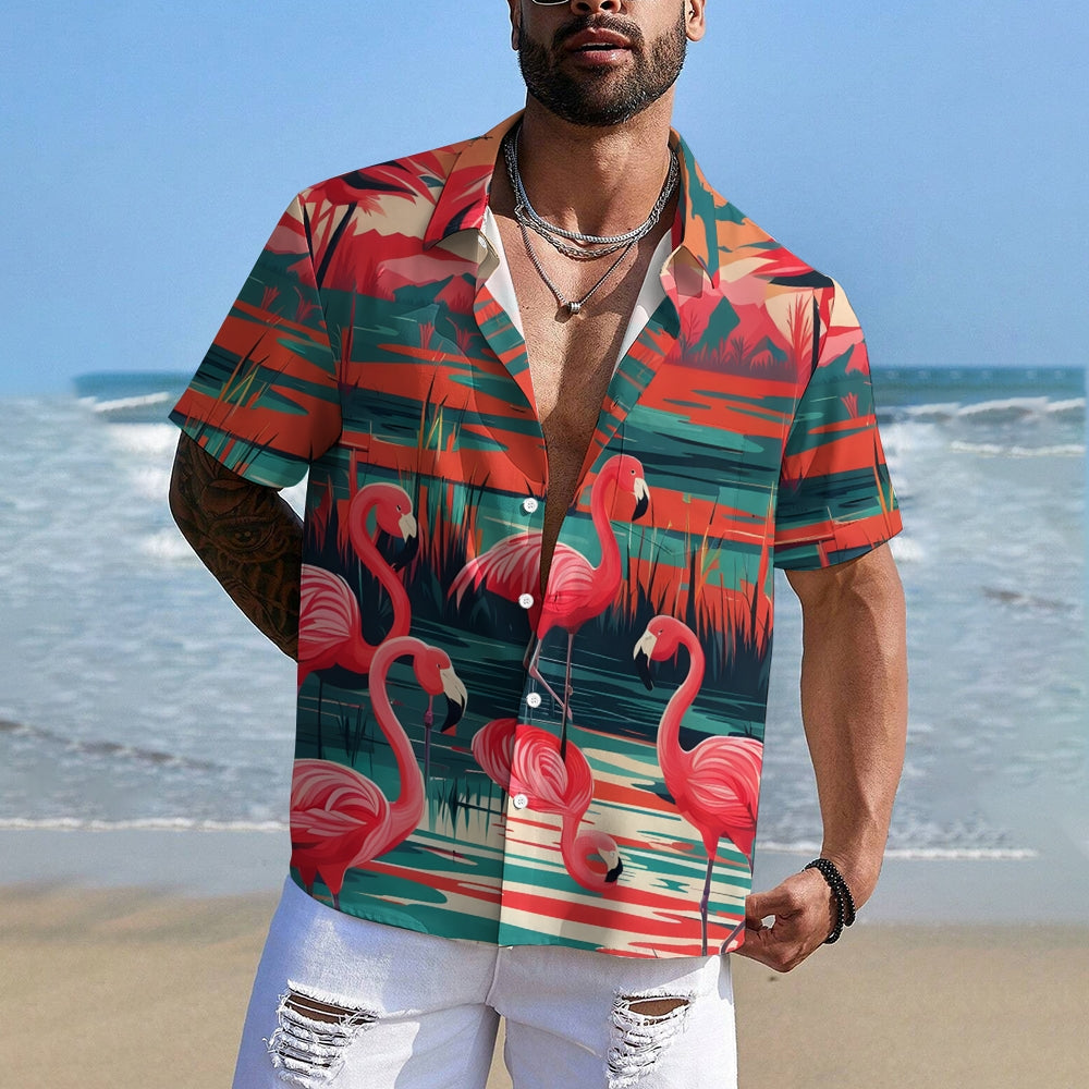 Men's Hawaiian Flamingo Casual Short Sleeve Shirt 2402000196