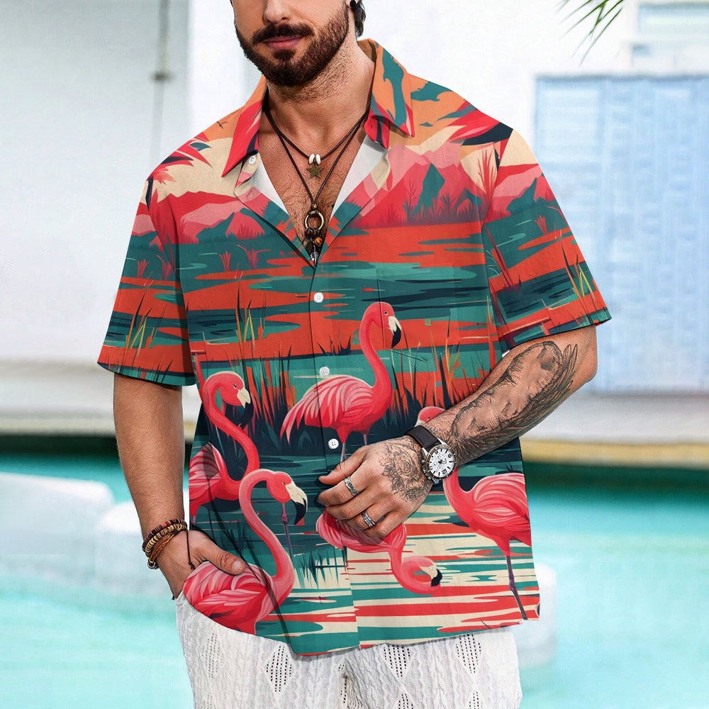 Men's Hawaiian Flamingo Casual Short Sleeve Shirt 2402000196