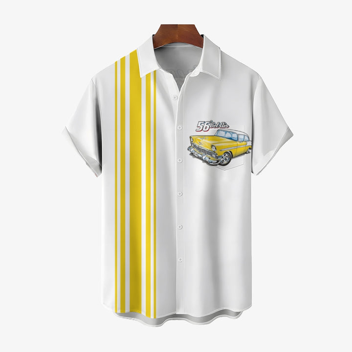 Men's Yellow Chevrolet 1956 Bel Air with Stripes White Short Sleeve Shirt 2412001774