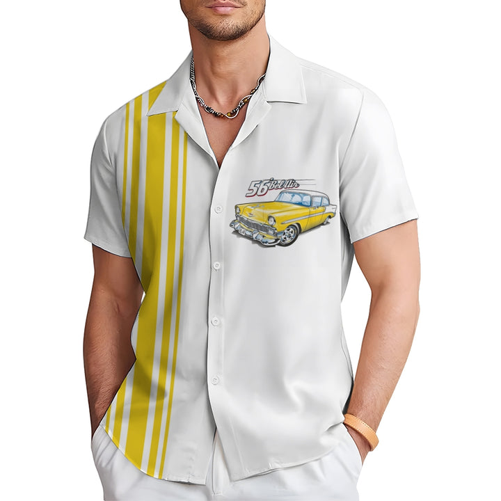 Men's Yellow Chevrolet 1956 Bel Air with Stripes White Short Sleeve Shirt 2412001774