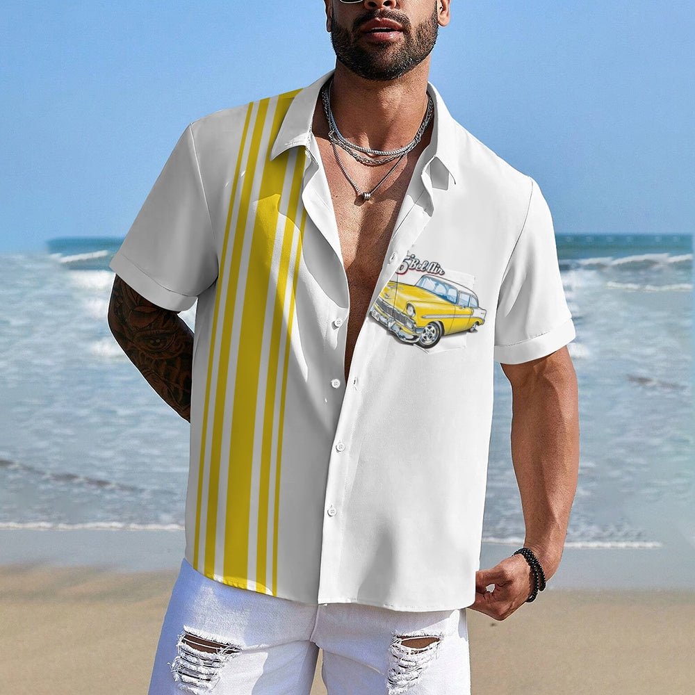 Men's Yellow Chevrolet 1956 Bel Air with Stripes White Short Sleeve Shirt 2412001774