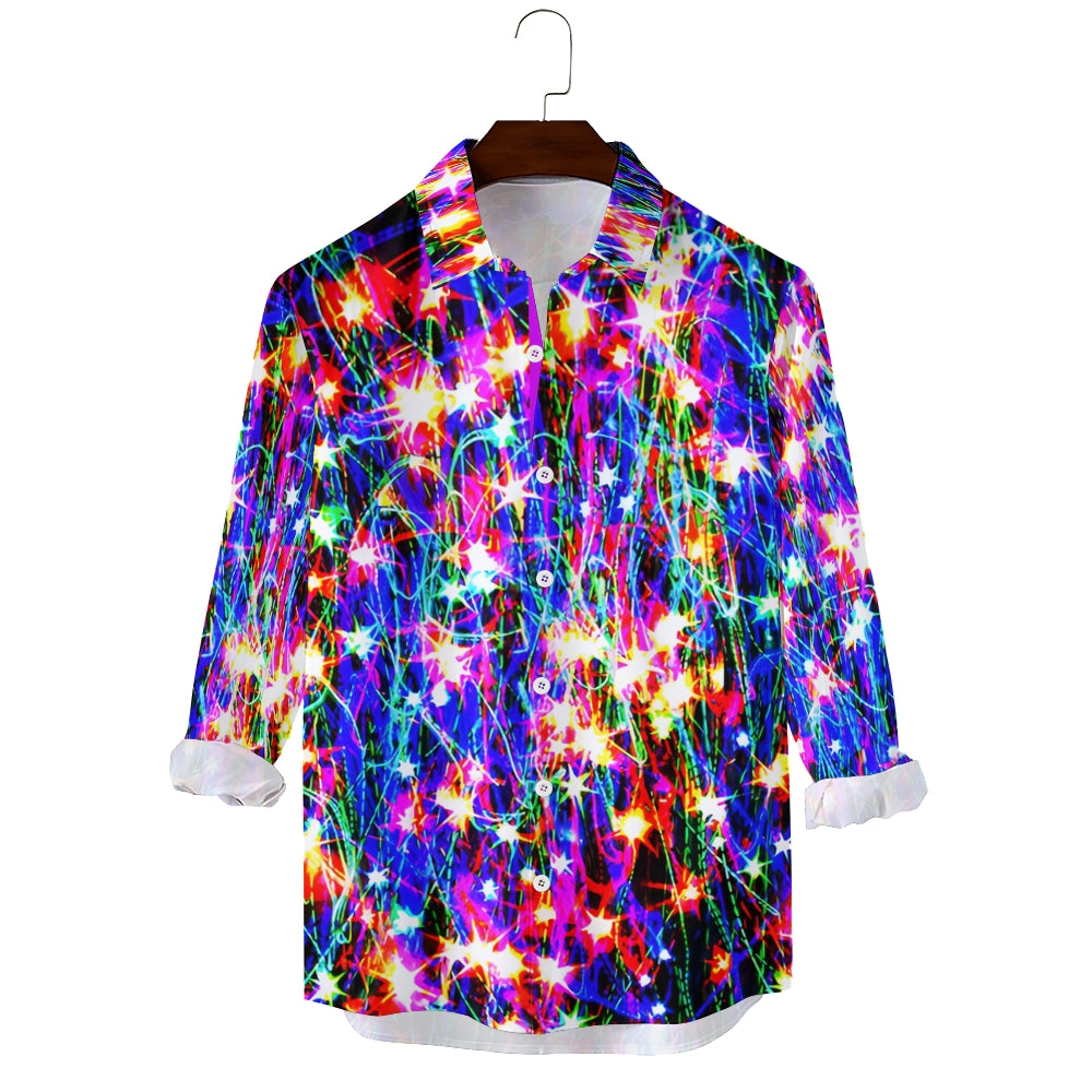 Christmas Men's Shiny Neon Print Chest Pocket Stretch Long Sleeve Shirt 2412001886