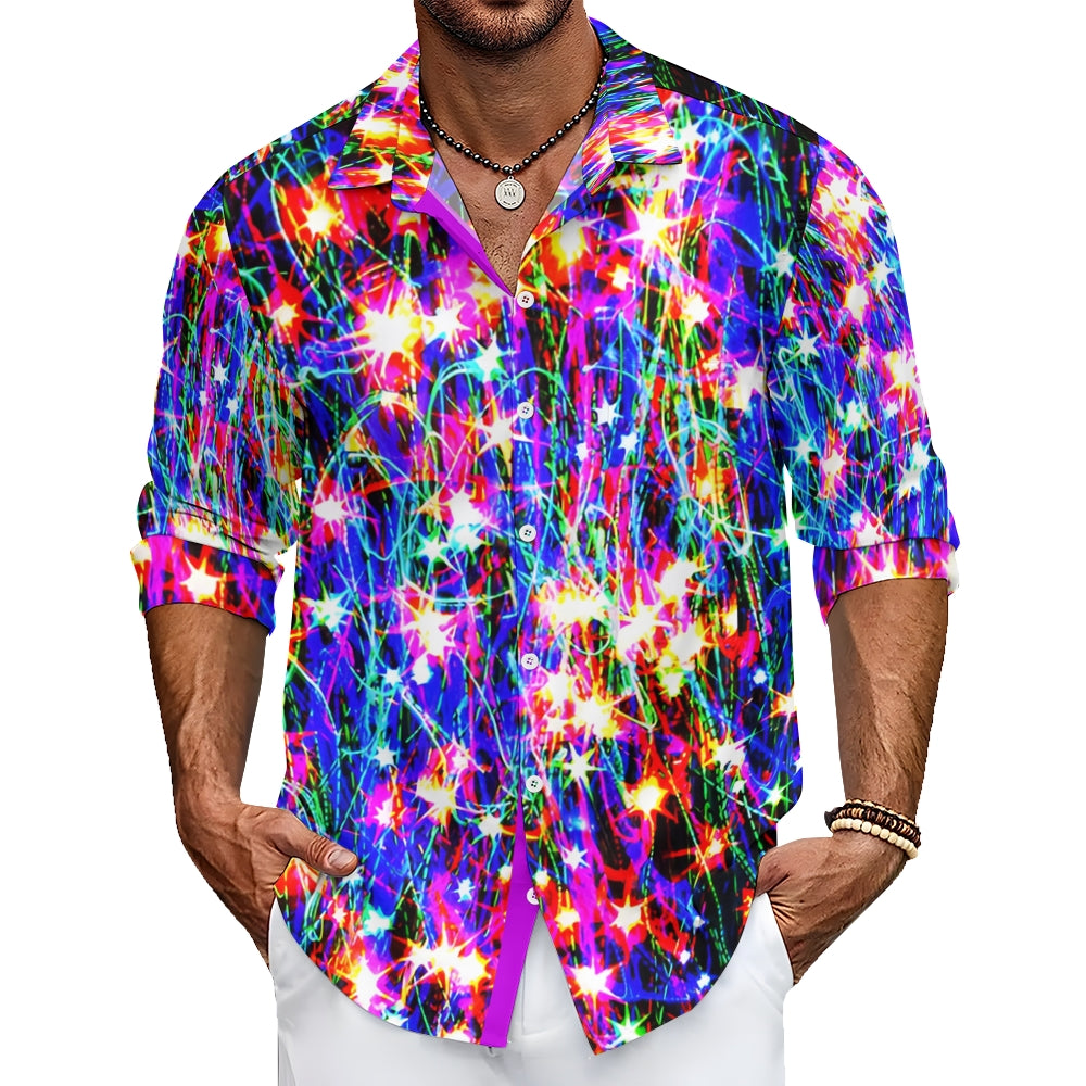 Christmas Men's Shiny Neon Print Chest Pocket Stretch Long Sleeve Shirt 2412001886