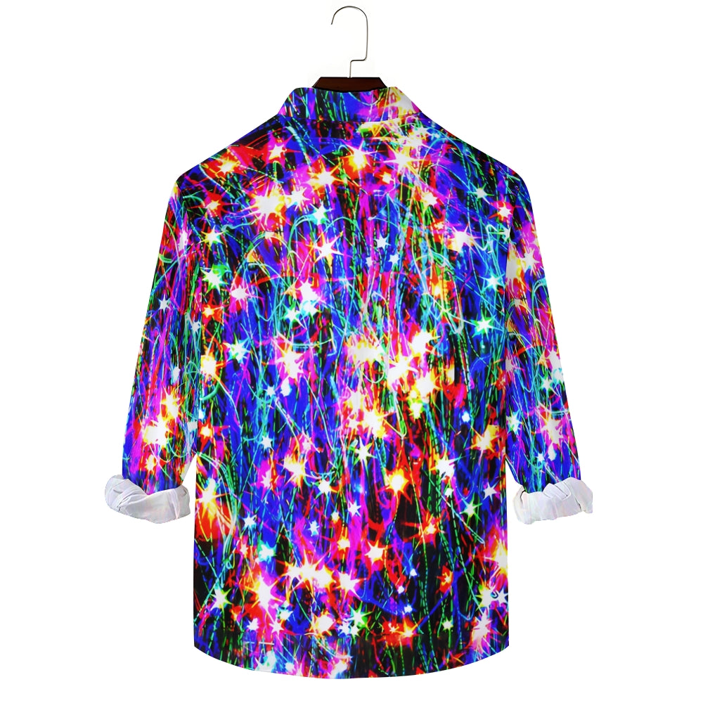 Christmas Men's Shiny Neon Print Chest Pocket Stretch Long Sleeve Shirt 2412001886