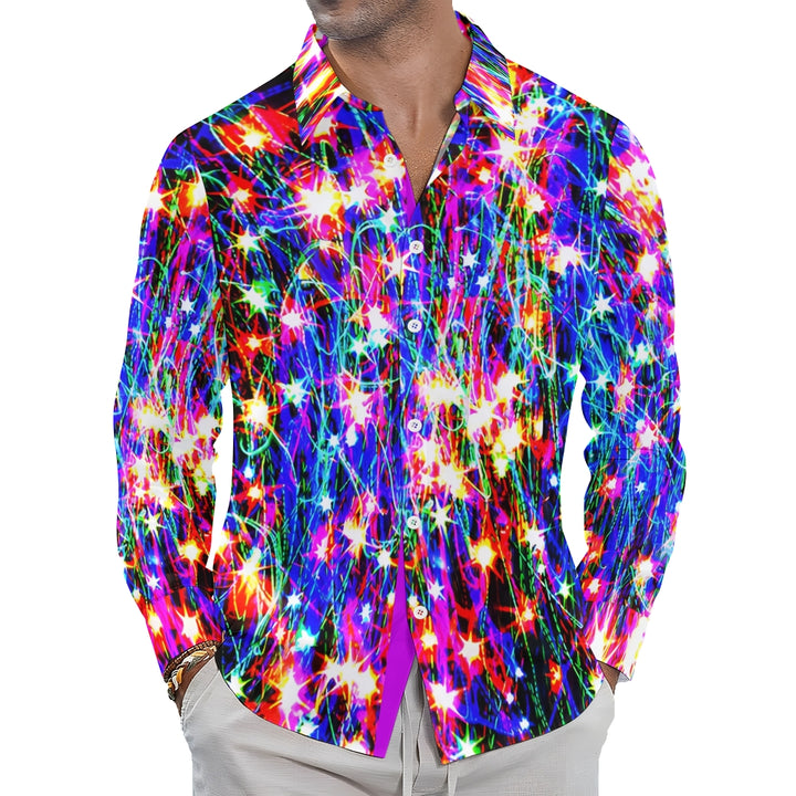 Christmas Men's Shiny Neon Print Chest Pocket Stretch Long Sleeve Shirt 2412001886