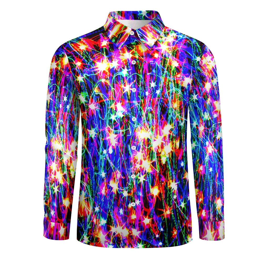 Christmas Men's Shiny Neon Print Chest Pocket Stretch Long Sleeve Shirt 2412001886