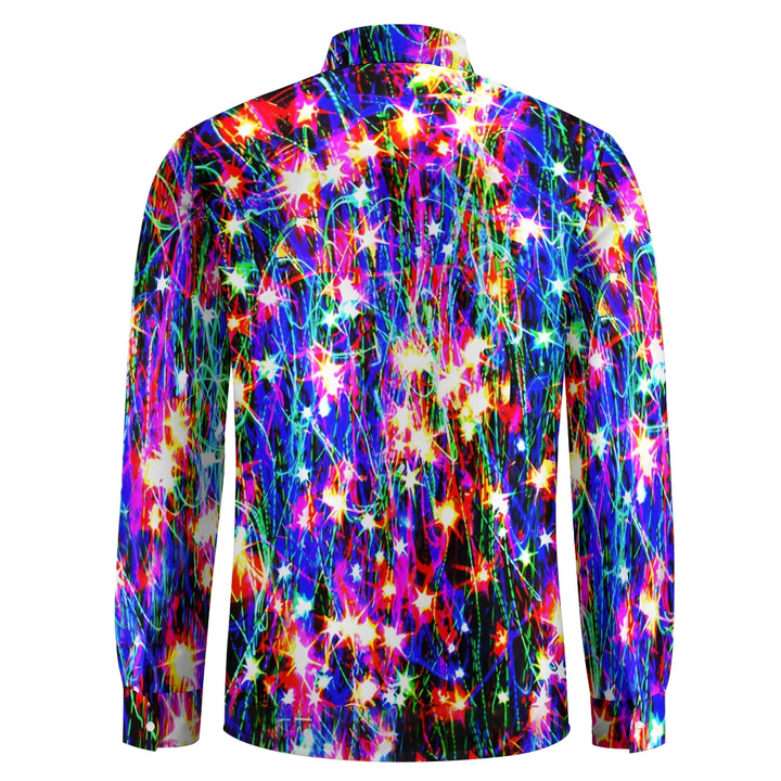 Christmas Men's Shiny Neon Print Chest Pocket Stretch Long Sleeve Shirt 2412001886